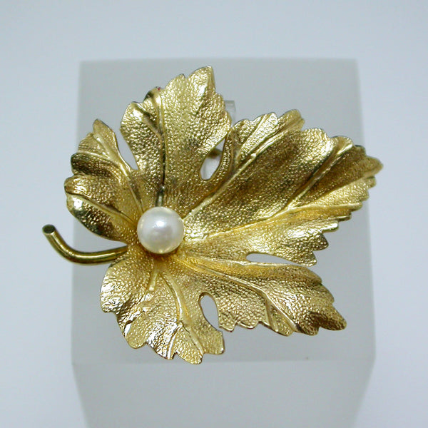 14K Yellow Gold and Pearl Leaf Pin