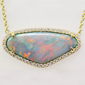 Handmade Yellow Gold Black Opal and Diamond Necklace