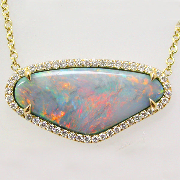 Handmade Yellow Gold Black Opal and Diamond Necklace