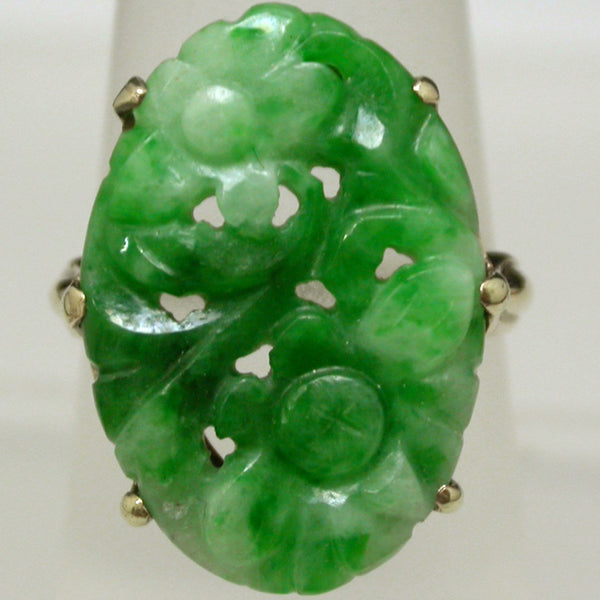 14K Yellow Gold Hand Carved Jade Ring