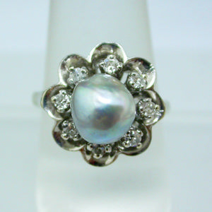 Vintage 14K White Gold Black Baroque Pearl and Diamond Ring