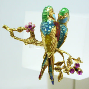 18K Yellow Gold Ruby and Enamel Brooch Circa 1950