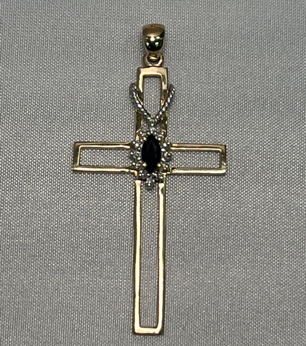 14 Karat YG Estate Cross with Sapphire and Diamonds