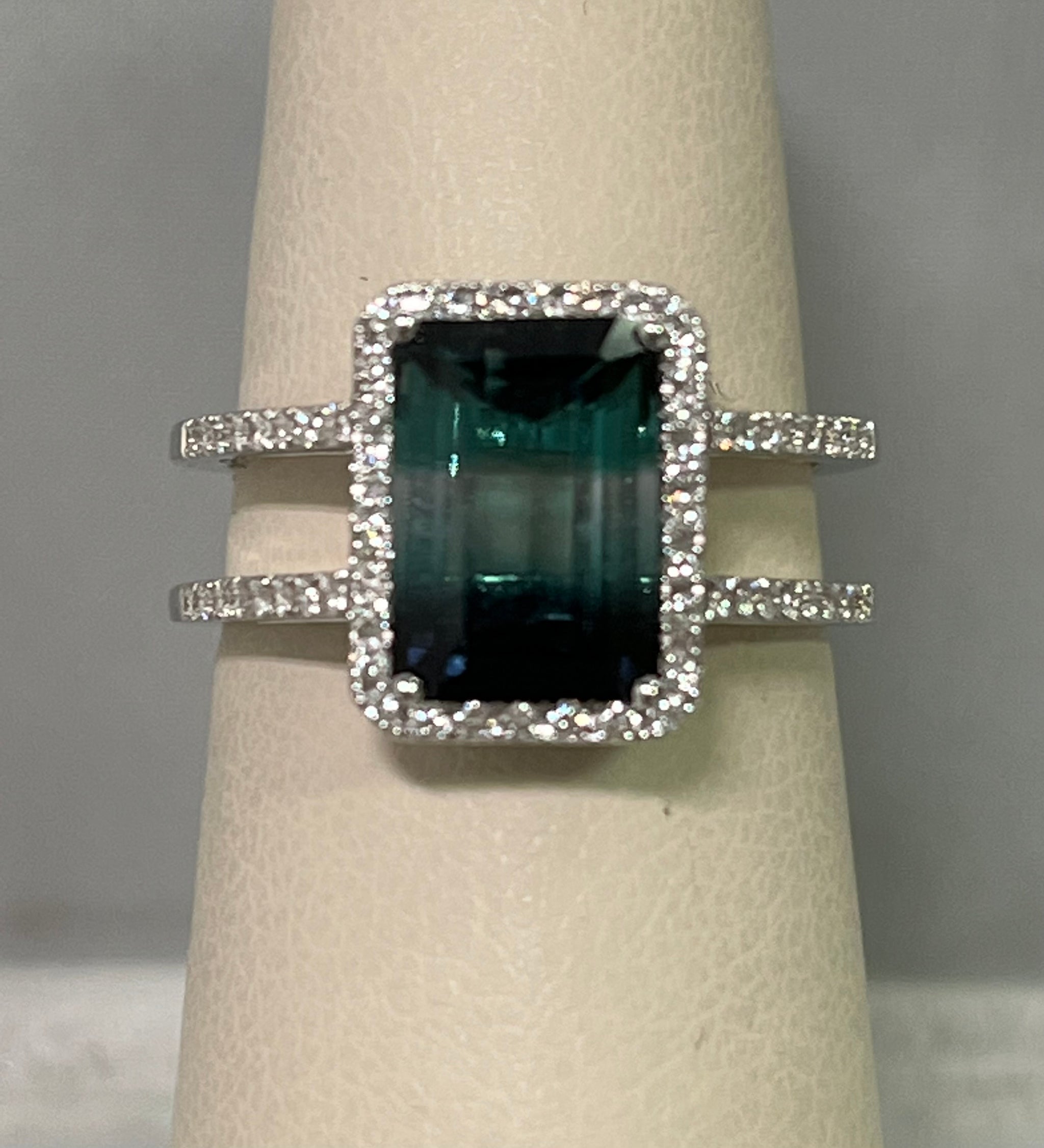 Blue-Green Tourmaline and Diamond Halo Ring - Turgeon Raine