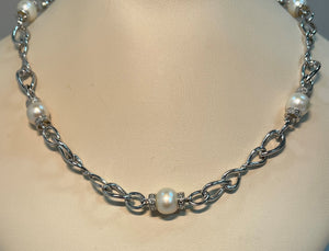 Sterling Silver Freshwater Pearl Necklace with Diamond Rondelle Accents