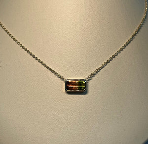 Bezel Set Emerald Cut Bi Color Tourmaline Pendant