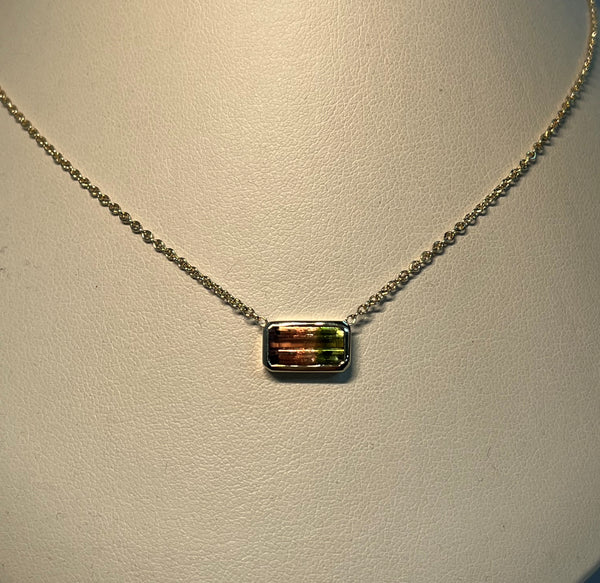 Bezel Set Emerald Cut Bi Color Tourmaline Pendant