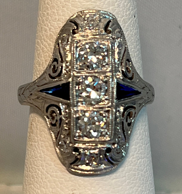 Platinum Vintage Diamond and Sapphire Ring