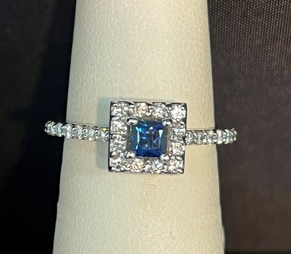 Princess Cut Sapphire Ring with Diamond Halo and Diamond Band