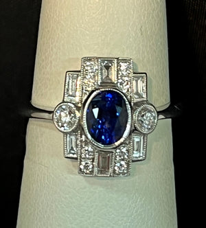 18K Gold Deco Inspired Sapphire and Diamond Ring