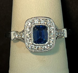 18 Karat Gold Emeral Cut Sapphire and Diamonnd Ring