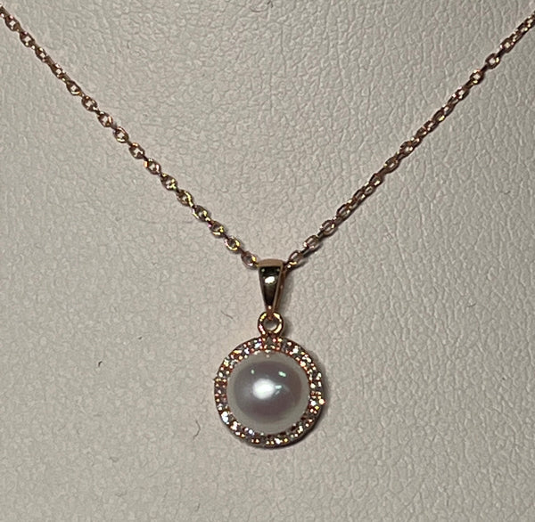 Sale! Rose Gold Pearl Necklace with Diamond Halo