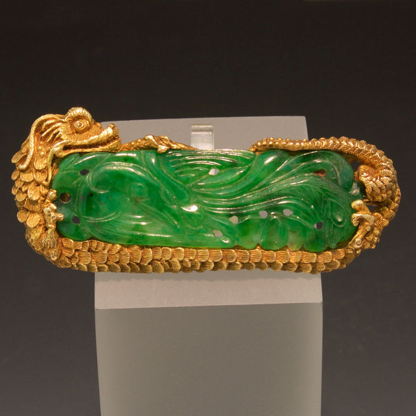 14K Yellow Gold Hand Carved Jade Dragon Brooch