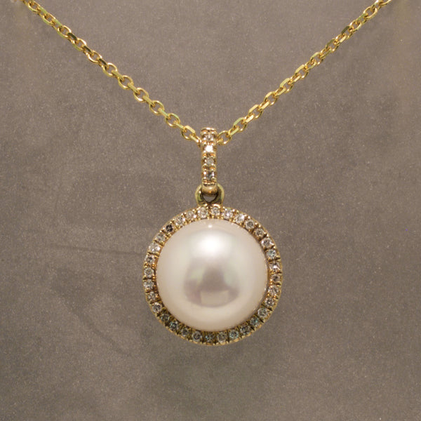 Sale! Yellow Gold Pearl and Diamond Pendant