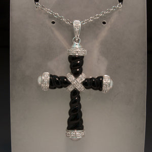 Sale! 14K White Gold Diamond and Onyx Cross