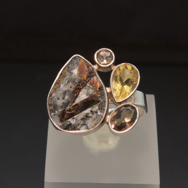 Sterling Silver Astrophyllite, Smokey Quartz and Citrine Ring