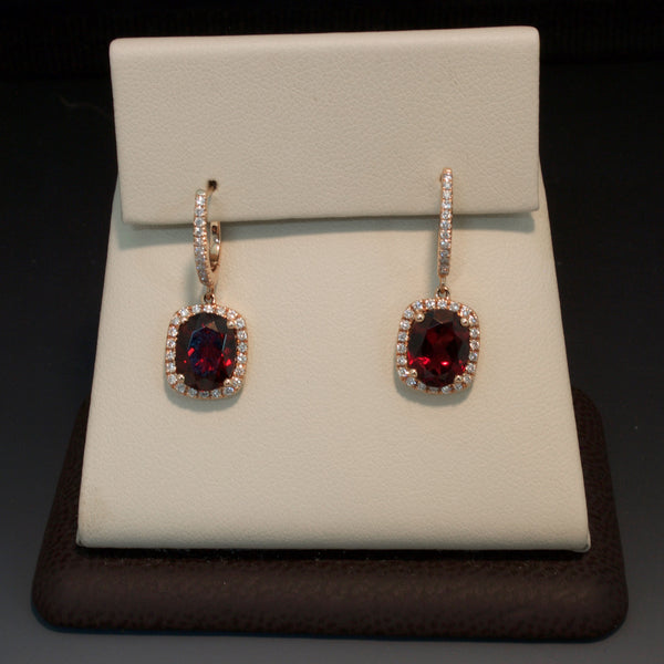 Pretty Rose Gold Red Garnet and Diamond Earrings