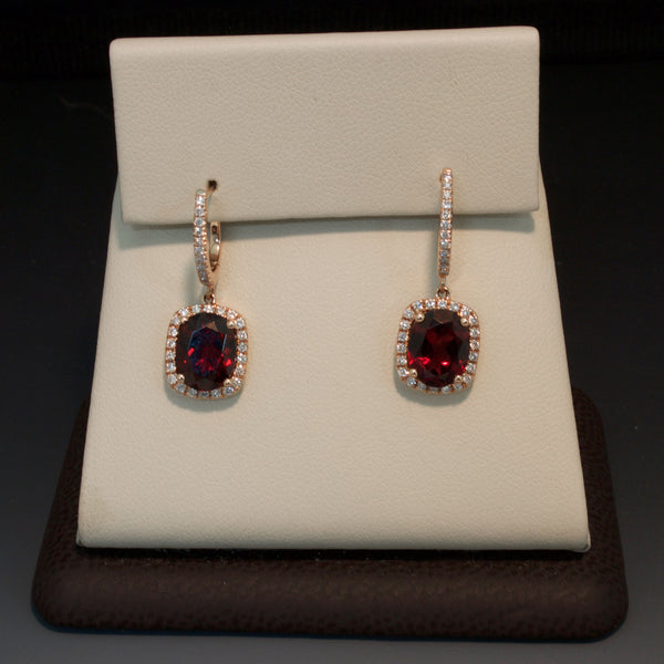 14K Rose Gold Red Garnet and Diamond Earrings