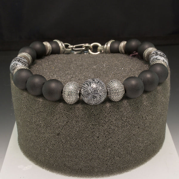 Sterling Silver Onyx and Fossilized Brain Coral William Henry Bracelet