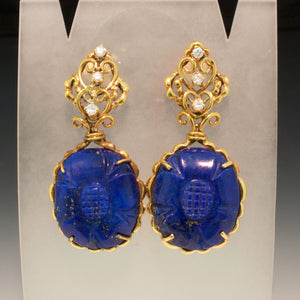 Vintage 14K Yellow Gold Lapis and Diamond Earrings