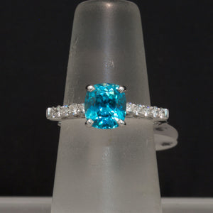 White Gold Blue Zircon and Diamond Ring