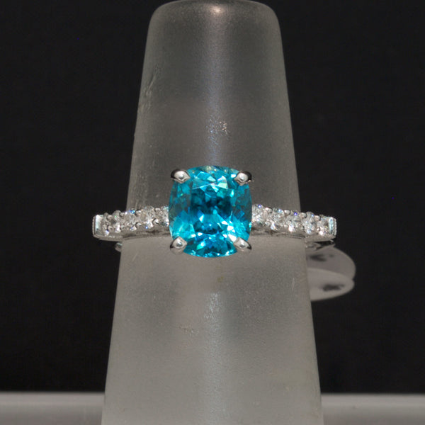 White Gold Blue Zircon and Diamond Ring