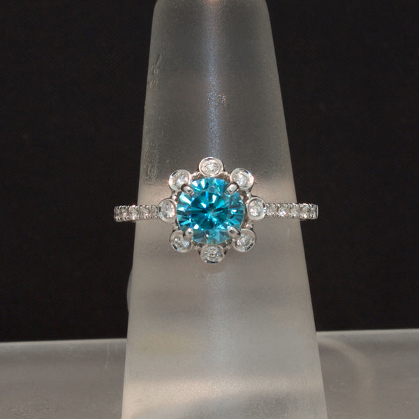 Blue Zircon and Diamond Ring