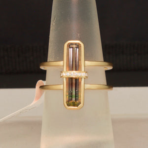 Handmade 14K Yellow Gold Bi-Color Watermelon Tourmaline and Diamond Ring