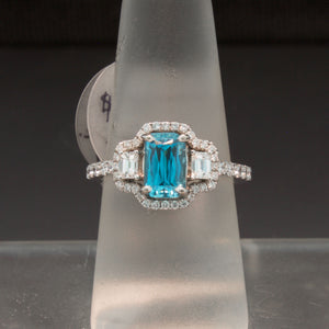 White Gold Blue Zircon and Diamond Ring