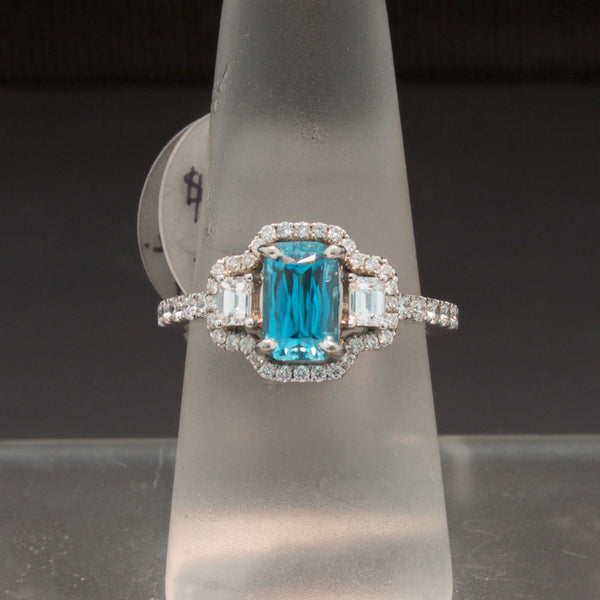 White Gold Blue Zircon and Diamond Ring