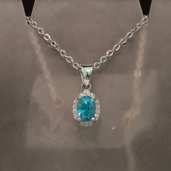 Blue Zircon and Diamond Pendant